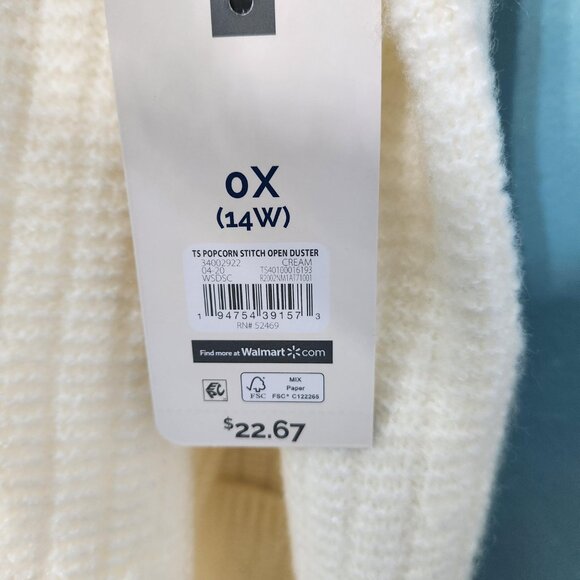 Terra Sky Popcorn Stitch Open Duster, Cream,  NWT - Picture 10 of 12